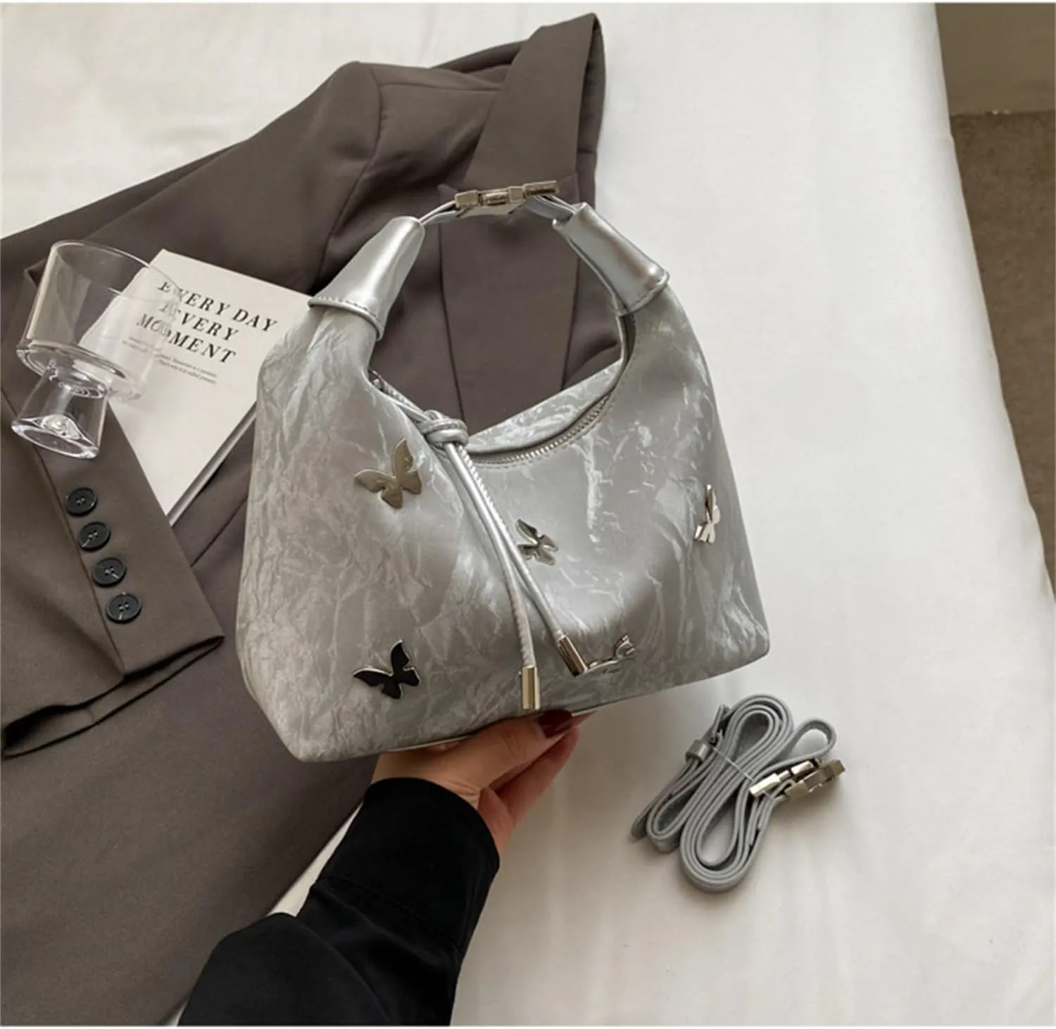 Women Tote Handbags Butterfly Vegan Leather Shoulder Bags with Adjustable Strap Trendy Crossbody Purse
