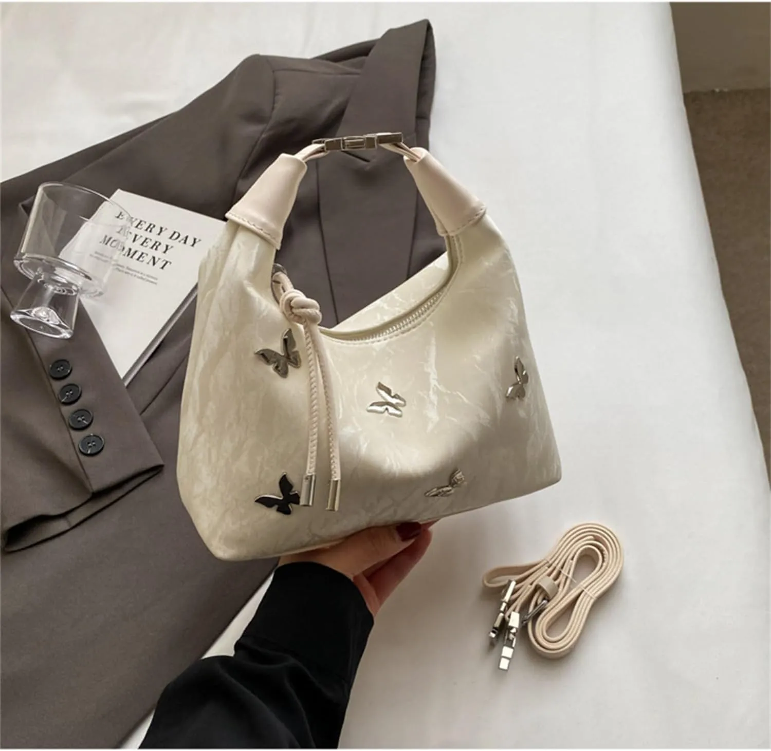 Women Tote Handbags Butterfly Vegan Leather Shoulder Bags with Adjustable Strap Trendy Crossbody Purse