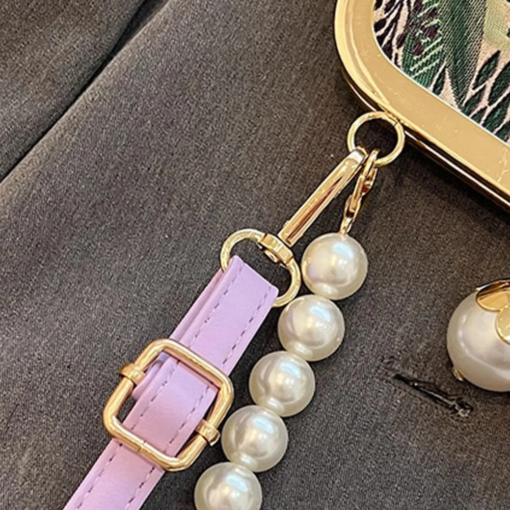 Women Vintage Flower Embroidery Handbag, Retro Pearl Chain Crossbody Bag, Kiss Lock Evening Shoulder Bag (Purple)
