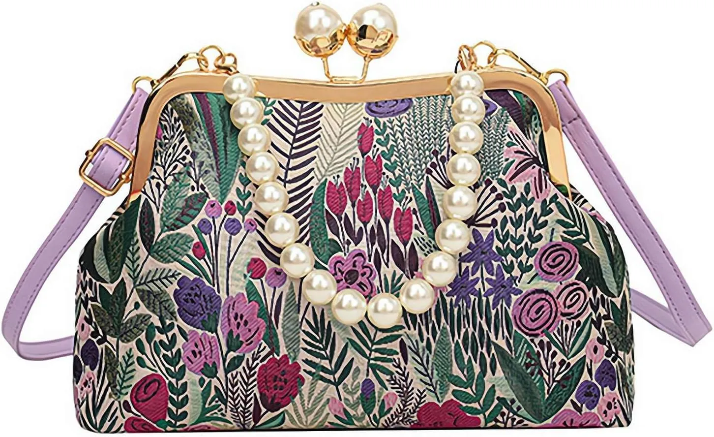 Women Vintage Flower Embroidery Handbag, Retro Pearl Chain Crossbody Bag, Kiss Lock Evening Shoulder Bag (Purple)