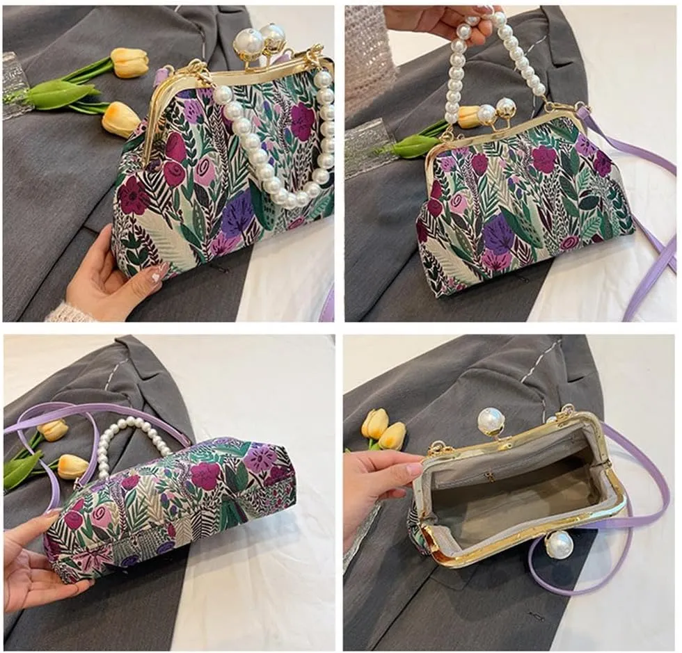 Women Vintage Flower Embroidery Handbag, Retro Pearl Chain Crossbody Bag, Kiss Lock Evening Shoulder Bag (Purple)