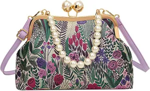 Women Vintage Flower Embroidery Handbag, Retro Pearl Chain Crossbody Bag, Kiss Lock Evening Shoulder Bag (Purple)