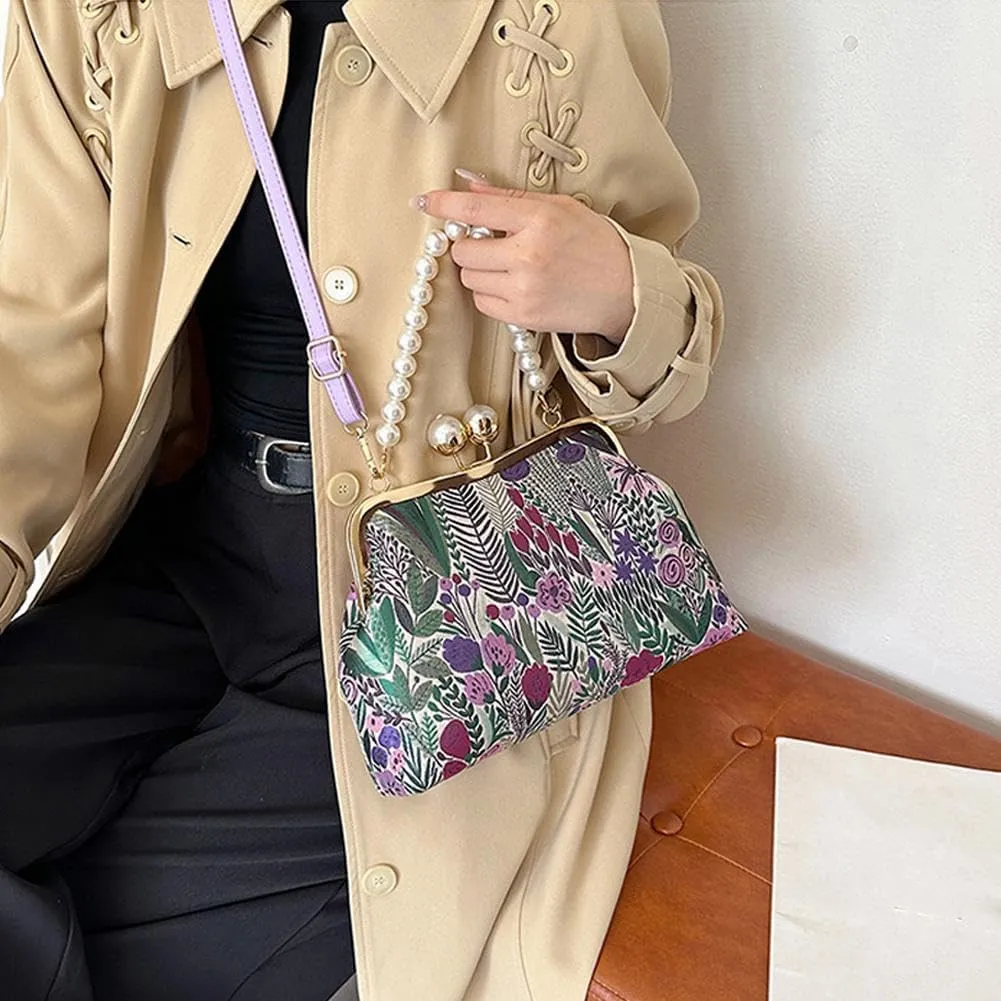 Women Vintage Flower Embroidery Handbag, Retro Pearl Chain Crossbody Bag, Kiss Lock Evening Shoulder Bag (Purple)