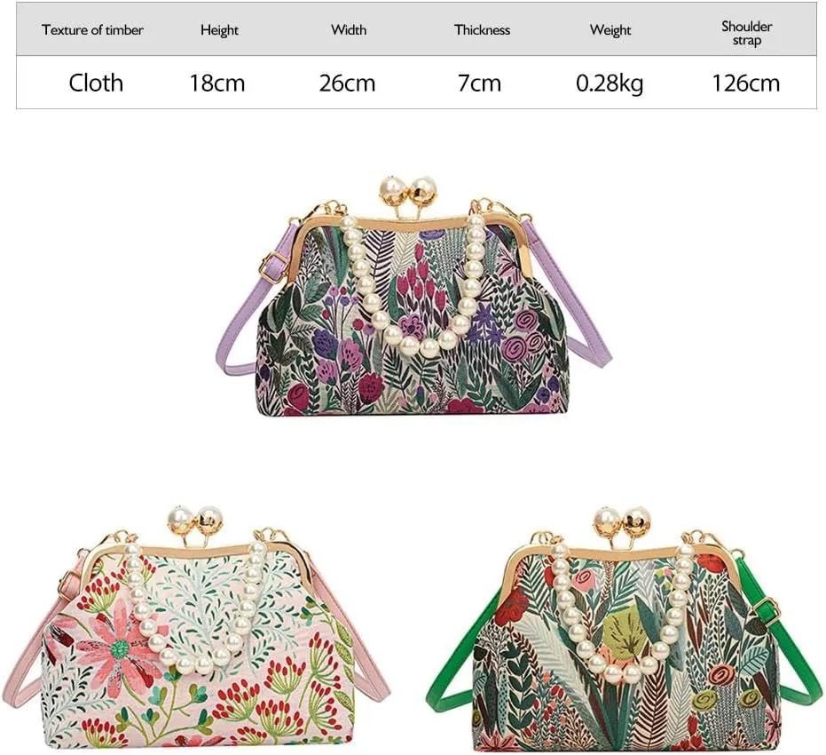 Women Vintage Flower Embroidery Handbag, Retro Pearl Chain Crossbody Bag, Kiss Lock Evening Shoulder Bag (Purple)