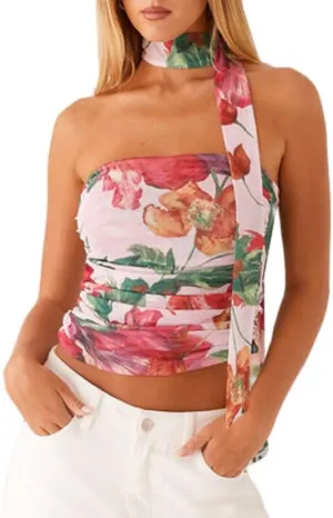 Women Y2k Floral Tube Top Strapless Mesh Halter Tops Sleeveless Bandeau Tank Top with Scarf Going Out Streetwear