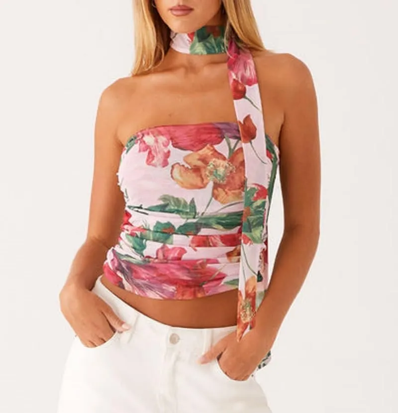 Women Y2k Floral Tube Top Strapless Mesh Halter Tops Sleeveless Bandeau Tank Top with Scarf Going Out Streetwear