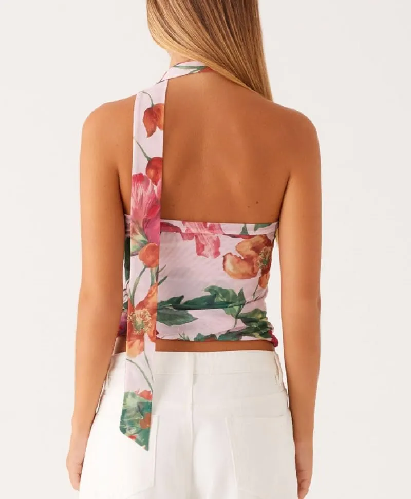 Women Y2k Floral Tube Top Strapless Mesh Halter Tops Sleeveless Bandeau Tank Top with Scarf Going Out Streetwear