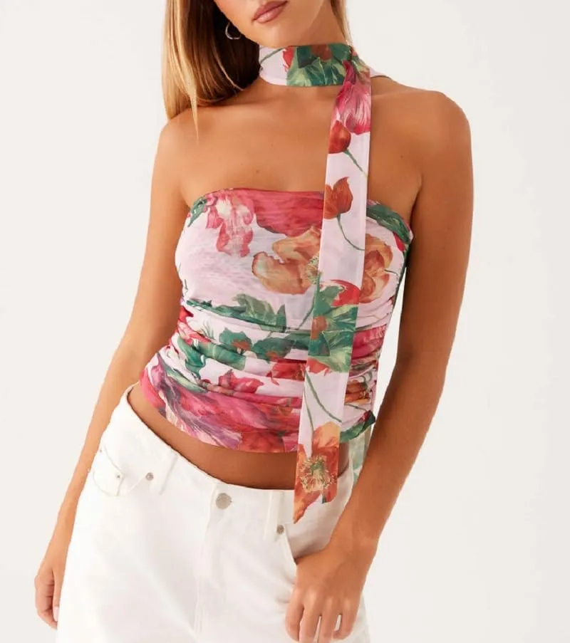 Women Y2k Floral Tube Top Strapless Mesh Halter Tops Sleeveless Bandeau Tank Top with Scarf Going Out Streetwear