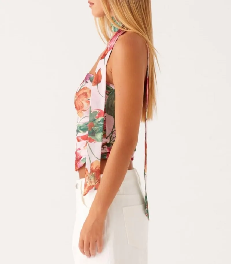 Women Y2k Floral Tube Top Strapless Mesh Halter Tops Sleeveless Bandeau Tank Top with Scarf Going Out Streetwear