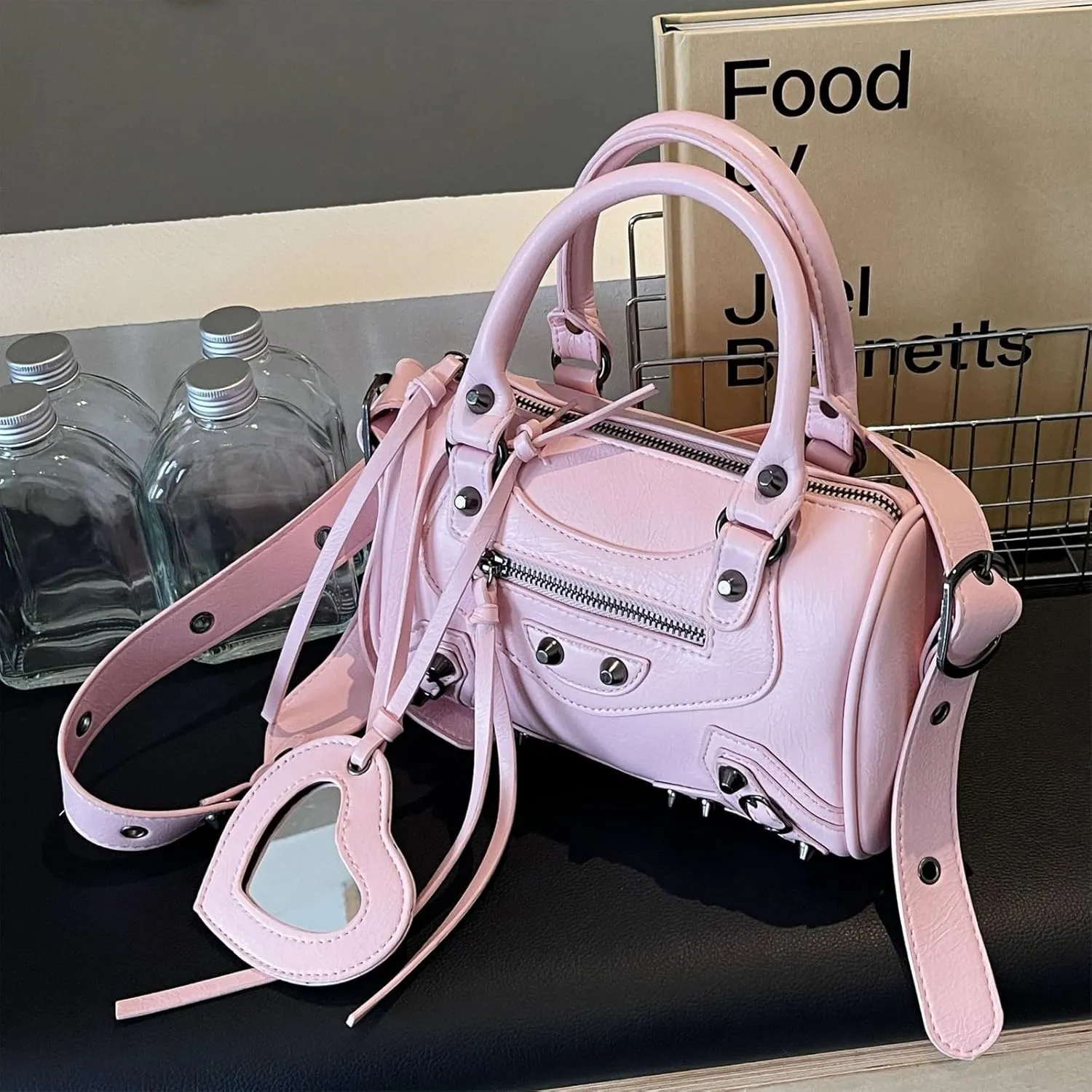 Women Y2k Satchel Purses and Handbags Trendy Vegan Leather Boston Barrel Bag Top Handle Punk Crossbody Shoulder Bag
