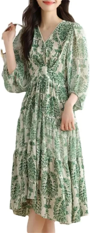 Women Zipper Floral Print Contrast Color V Neck Three-Quarters Sleeve Dresses