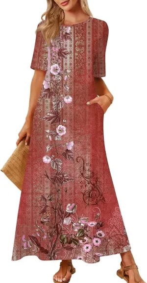Women's 2025 Spring Summer Casual Maxi Dress Beach Vacation Short Sleeve Crewneck Basic Long Floral T Shirt Dresses