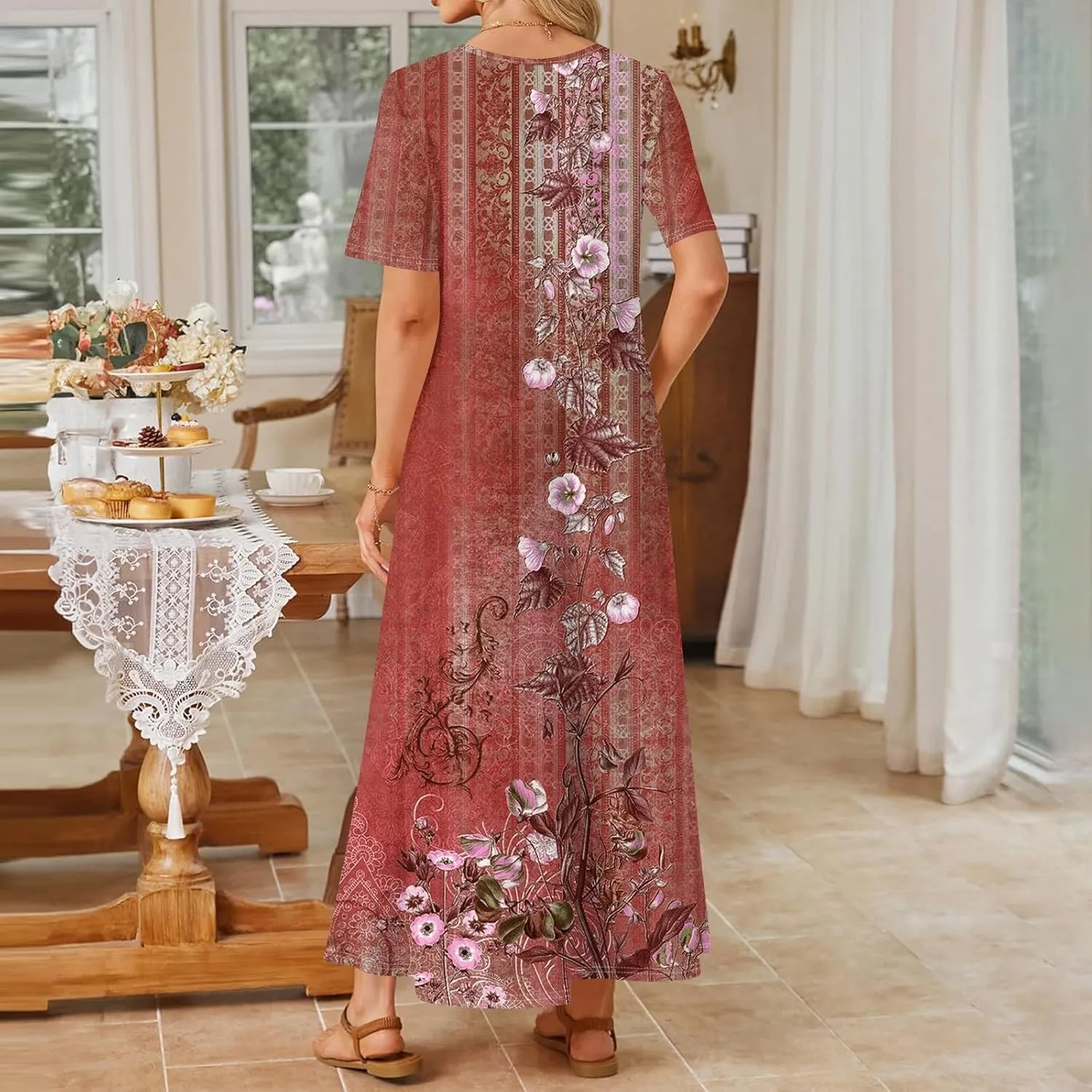 Women's 2025 Spring Summer Casual Maxi Dress Beach Vacation Short Sleeve Crewneck Basic Long Floral T Shirt Dresses