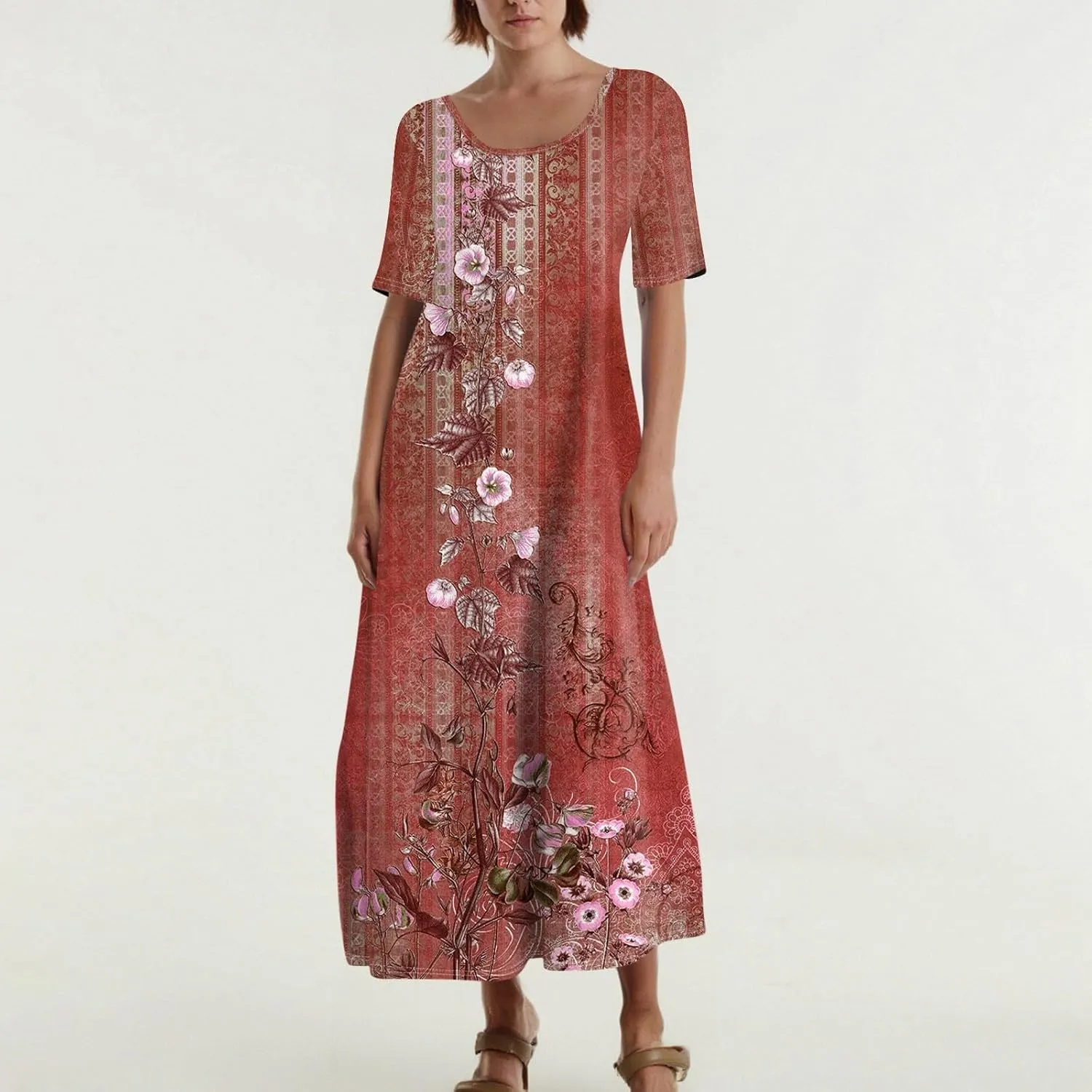 Women's 2025 Spring Summer Casual Maxi Dress Beach Vacation Short Sleeve Crewneck Basic Long Floral T Shirt Dresses