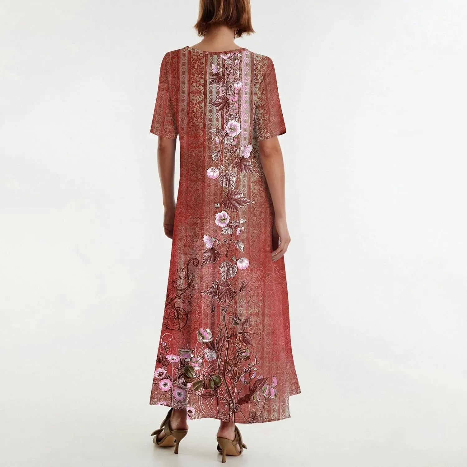 Women's 2025 Spring Summer Casual Maxi Dress Beach Vacation Short Sleeve Crewneck Basic Long Floral T Shirt Dresses