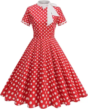 Womens Casual Prom Swing Dress Short Sleeve Tie Neck Vintage Cocktail Party Dress Polka Dot 50s Flared A-Line Gowns