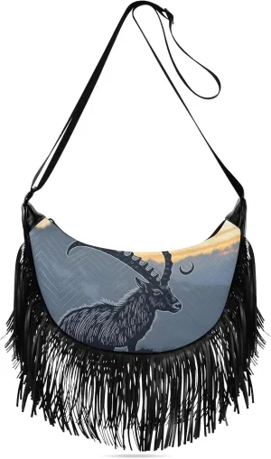 Women's Crossbody Handbags Alpine Ibex Silhouette Fringe Tassel Cross Body Bag Shoulder Handbag