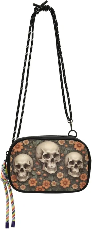 Women's Crossbody Handbags Flowers Background Skull Print Lightweight Shoulder Phone Purse for Walking, Hiking