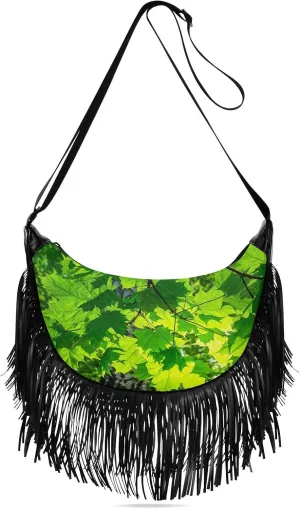 Women's Crossbody Handbags Green Maple Leaf in Greeny Foliage Fringe Tassel Cross Body Bag Shoulder Handbag
