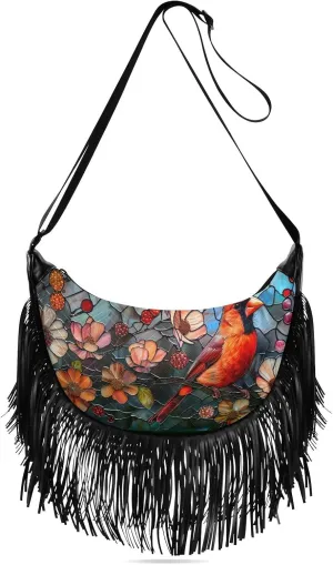 Women's Crossbody Handbags Red Bird Fringe Tassel Cross Body Bag Shoulder Handbag