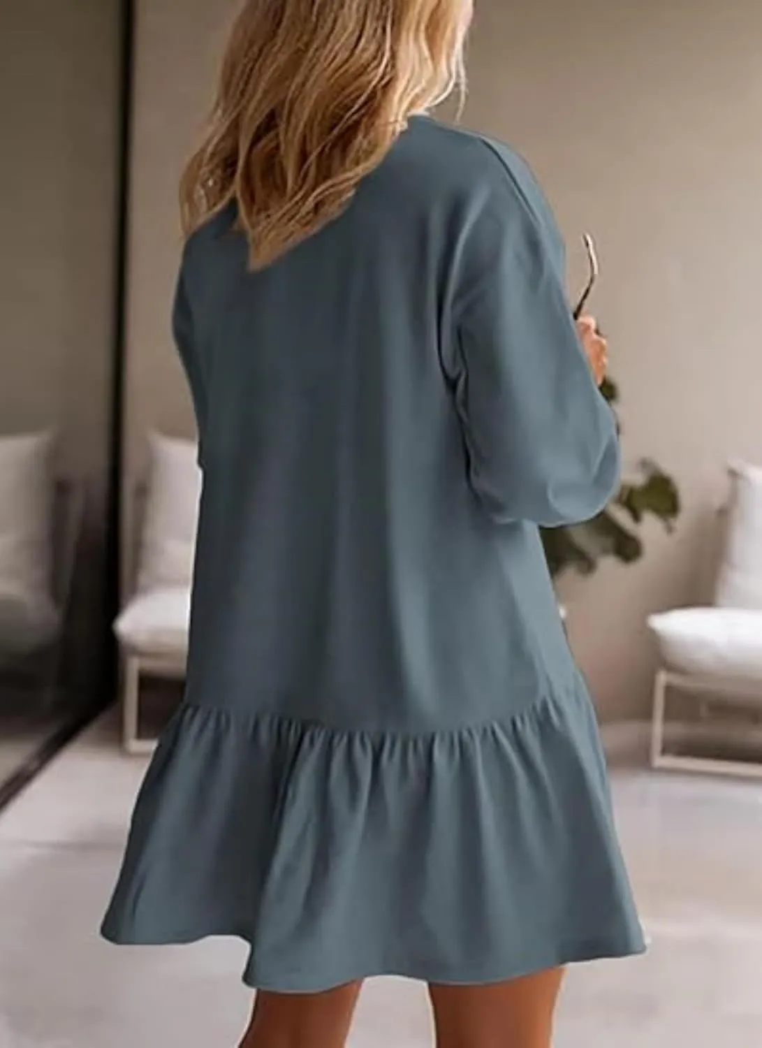 Womens Fall Long Sleeve Pullover Tops Crewneck Rib Knit Patchwork Ruffled Sweatshirt Dress Casual Mini Dresses 2024