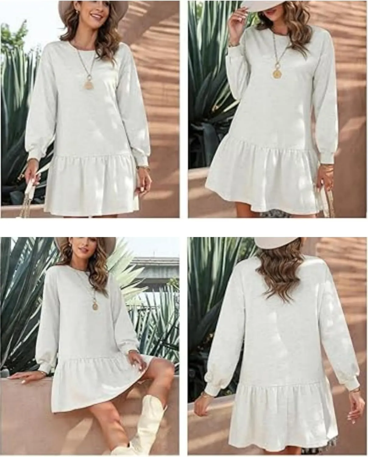 Womens Fall Long Sleeve Pullover Tops Crewneck Rib Knit Patchwork Ruffled Sweatshirt Dress Casual Mini Dresses 2024