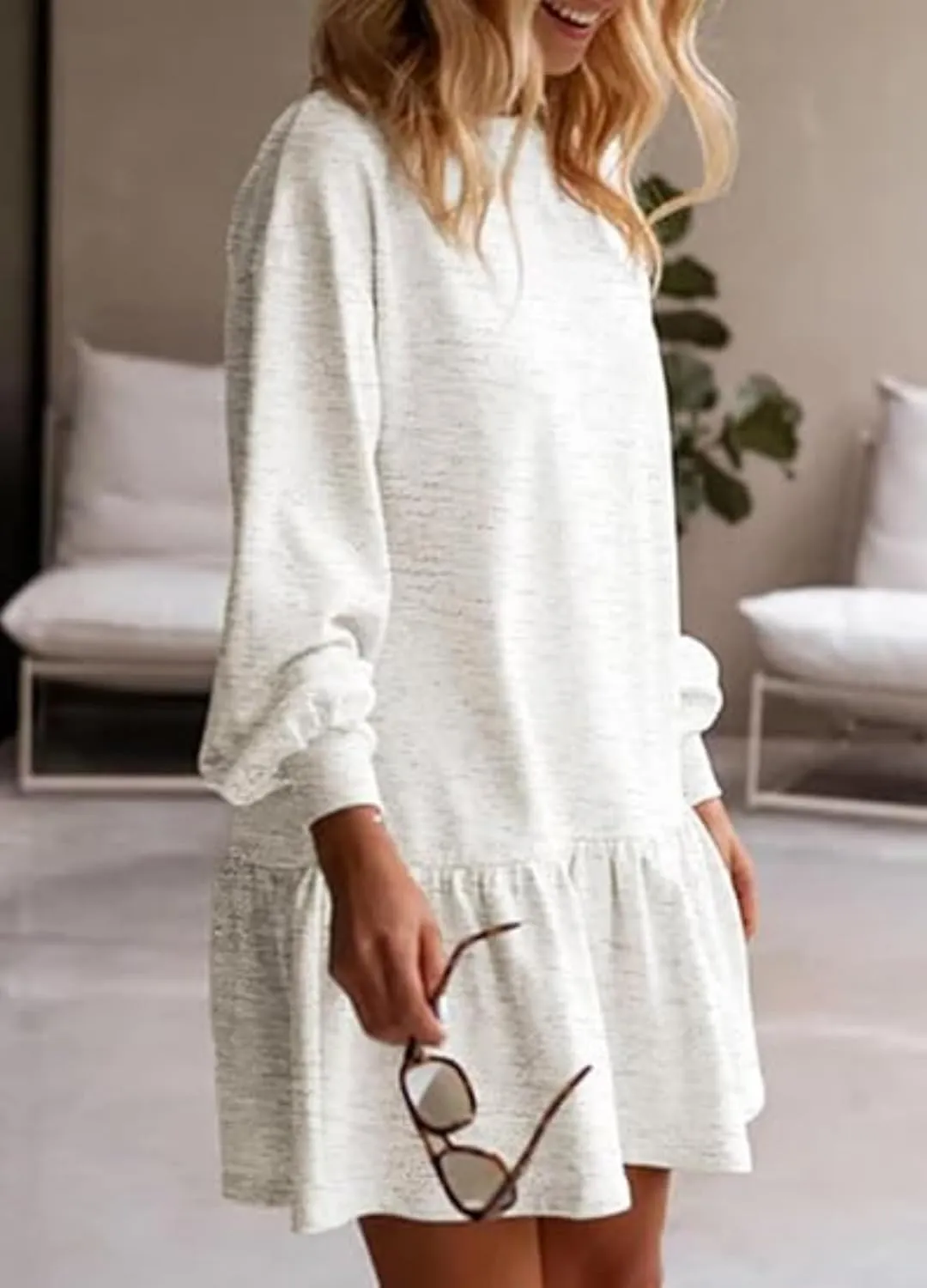 Womens Fall Long Sleeve Pullover Tops Crewneck Rib Knit Patchwork Ruffled Sweatshirt Dress Casual Mini Dresses 2024