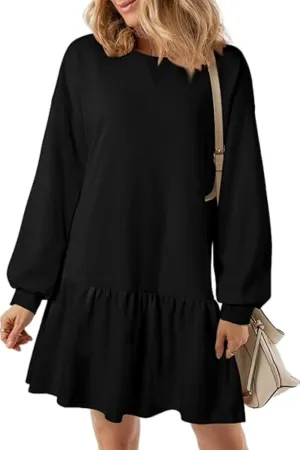 Womens Fall Long Sleeve Pullover Tops Crewneck Rib Knit Patchwork Ruffled Sweatshirt Dress Casual Mini Dresses 2024