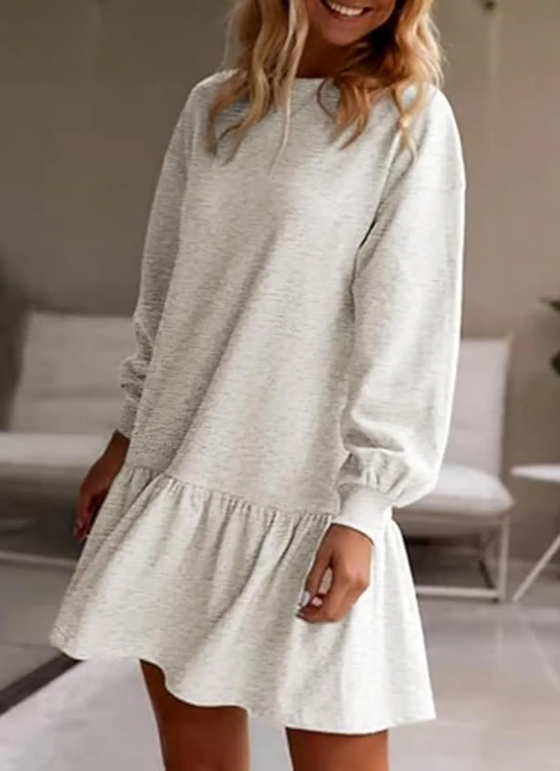 Womens Fall Long Sleeve Pullover Tops Crewneck Rib Knit Patchwork Ruffled Sweatshirt Dress Casual Mini Dresses 2024