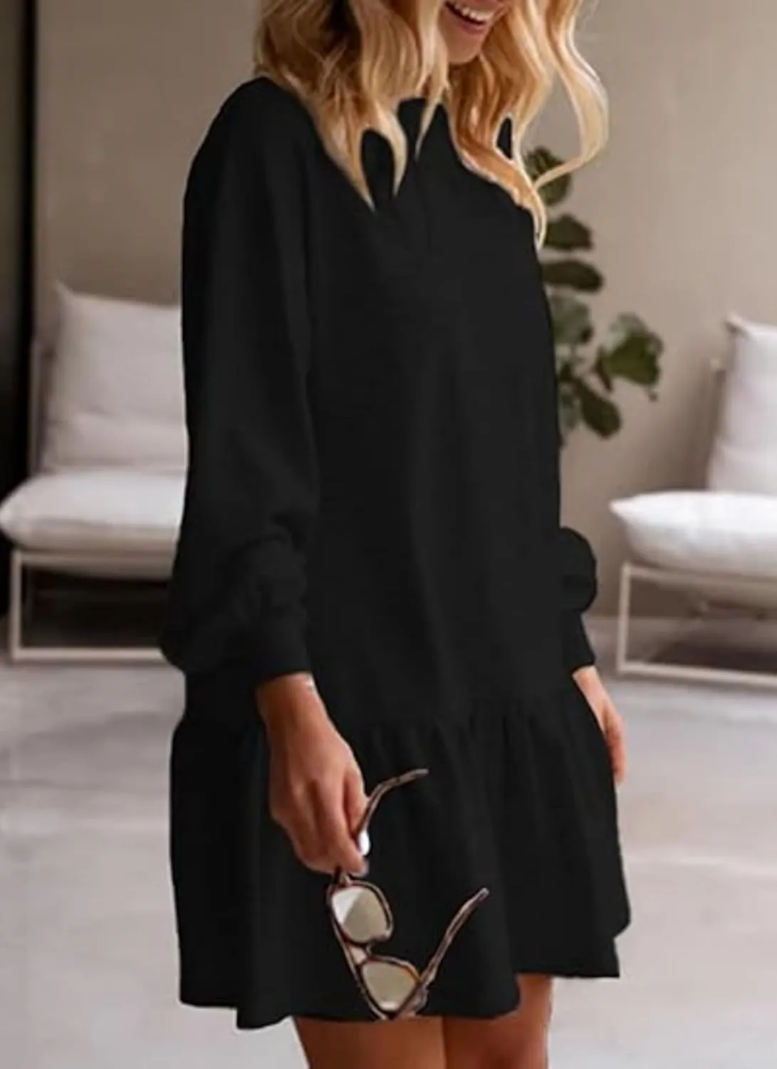 Womens Fall Long Sleeve Pullover Tops Crewneck Rib Knit Patchwork Ruffled Sweatshirt Dress Casual Mini Dresses 2024