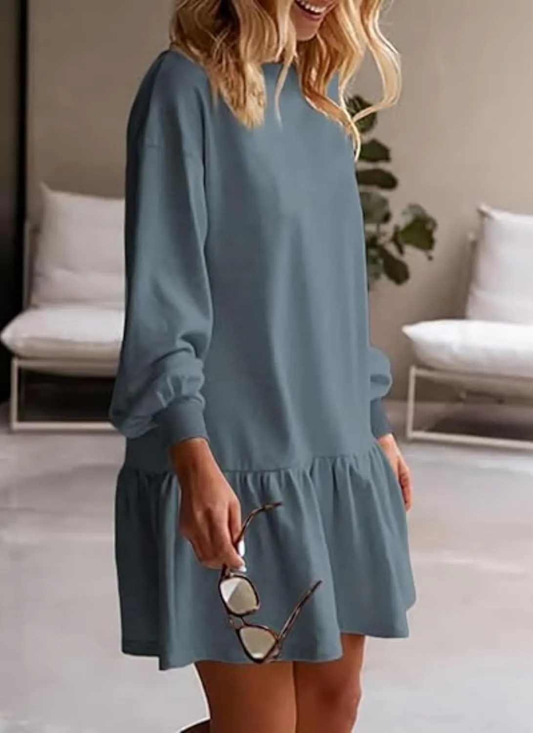 Womens Fall Long Sleeve Pullover Tops Crewneck Rib Knit Patchwork Ruffled Sweatshirt Dress Casual Mini Dresses 2024