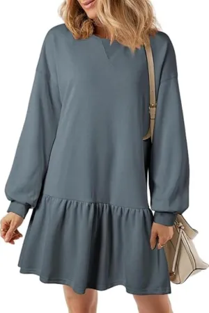 Womens Fall Long Sleeve Pullover Tops Crewneck Rib Knit Patchwork Ruffled Sweatshirt Dress Casual Mini Dresses 2024