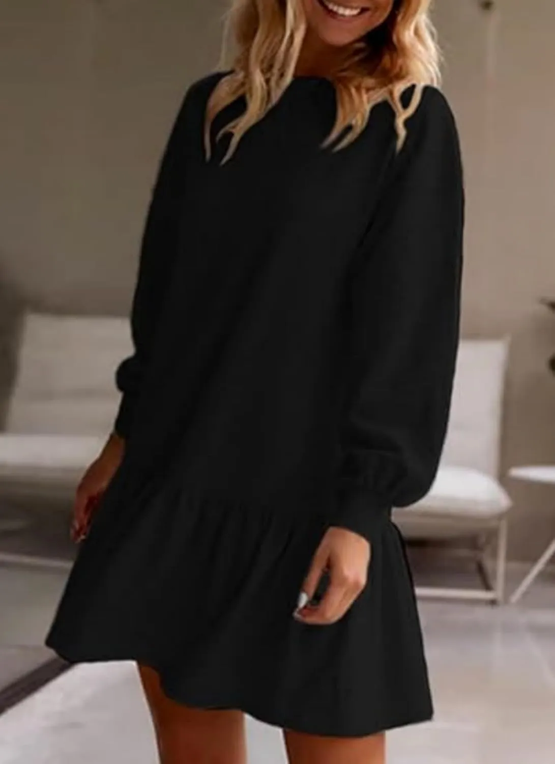 Womens Fall Long Sleeve Pullover Tops Crewneck Rib Knit Patchwork Ruffled Sweatshirt Dress Casual Mini Dresses 2024