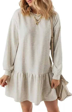 Womens Fall Long Sleeve Pullover Tops Crewneck Rib Knit Patchwork Ruffled Sweatshirt Dress Casual Mini Dresses 2024