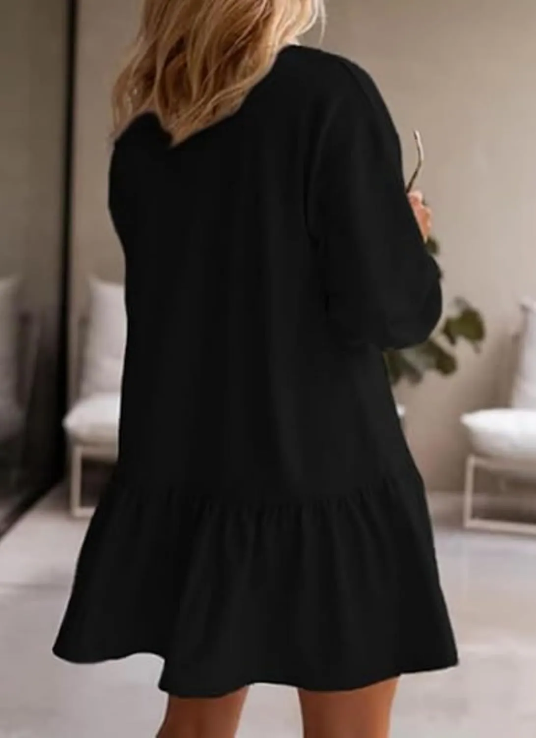Womens Fall Long Sleeve Pullover Tops Crewneck Rib Knit Patchwork Ruffled Sweatshirt Dress Casual Mini Dresses 2024