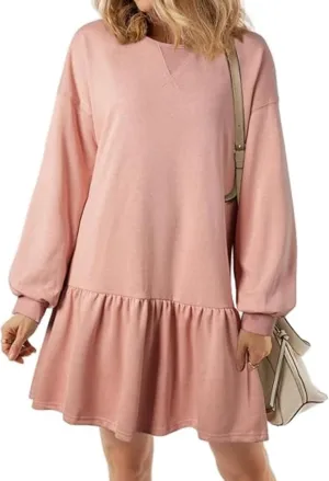 Womens Fall Long Sleeve Pullover Tops Crewneck Rib Knit Patchwork Ruffled Sweatshirt Dress Casual Mini Dresses 2024