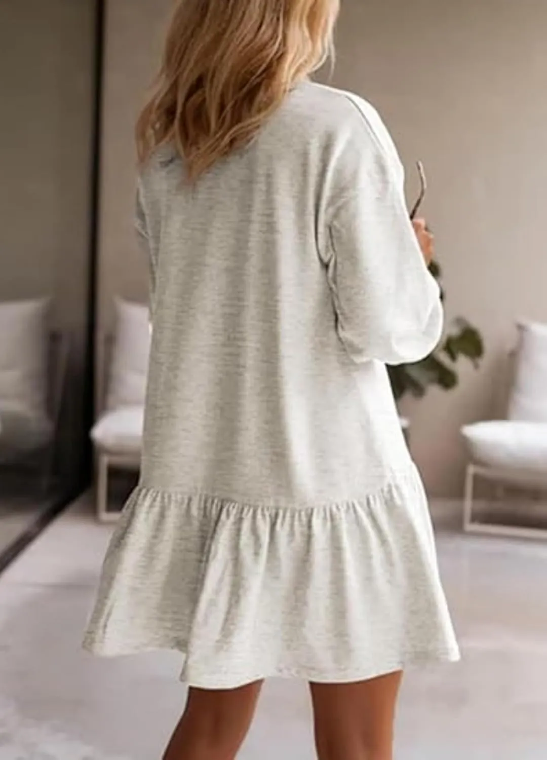 Womens Fall Long Sleeve Pullover Tops Crewneck Rib Knit Patchwork Ruffled Sweatshirt Dress Casual Mini Dresses 2024