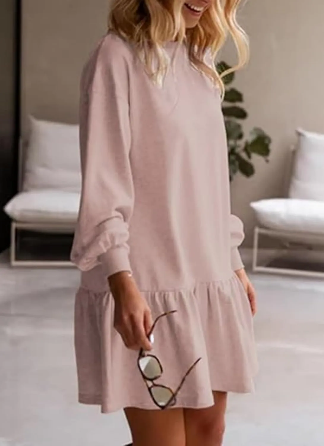 Womens Fall Long Sleeve Pullover Tops Crewneck Rib Knit Patchwork Ruffled Sweatshirt Dress Casual Mini Dresses 2024