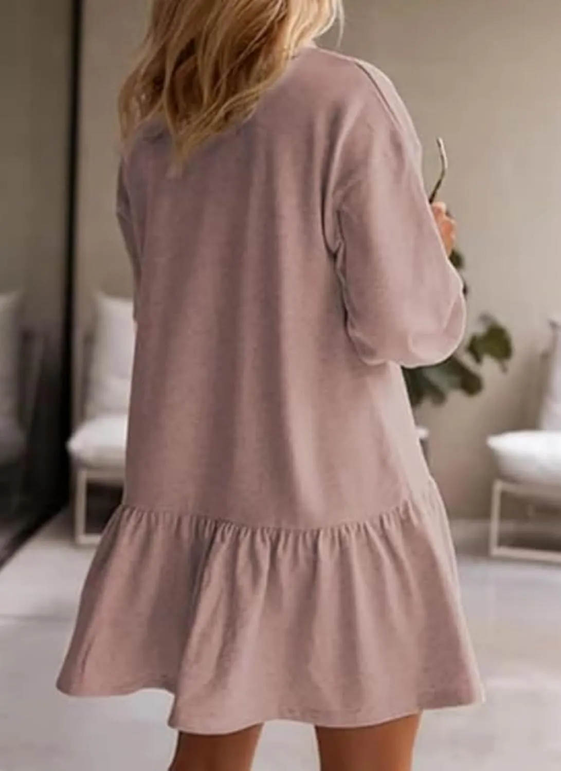 Womens Fall Long Sleeve Pullover Tops Crewneck Rib Knit Patchwork Ruffled Sweatshirt Dress Casual Mini Dresses 2024