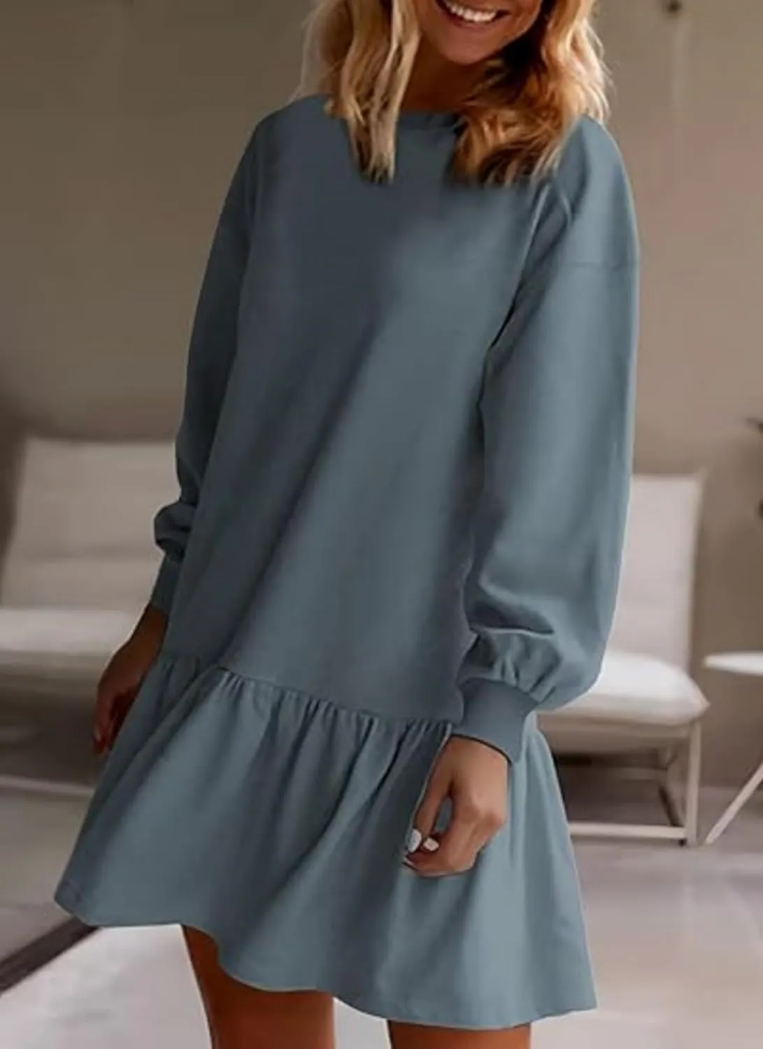 Womens Fall Long Sleeve Pullover Tops Crewneck Rib Knit Patchwork Ruffled Sweatshirt Dress Casual Mini Dresses 2024