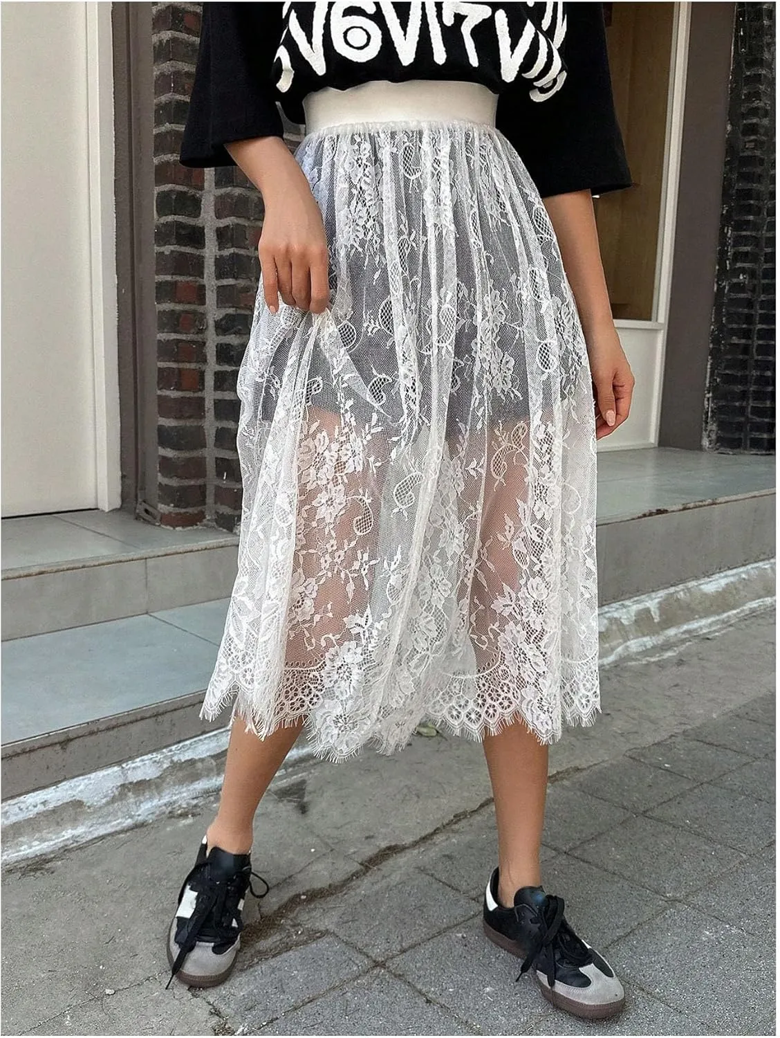 Women's Floral Lace Sheer Skirt High Waisted A Line Midi Skirts Beach Cover-ups Mesh Streetwear Y2K Skirts