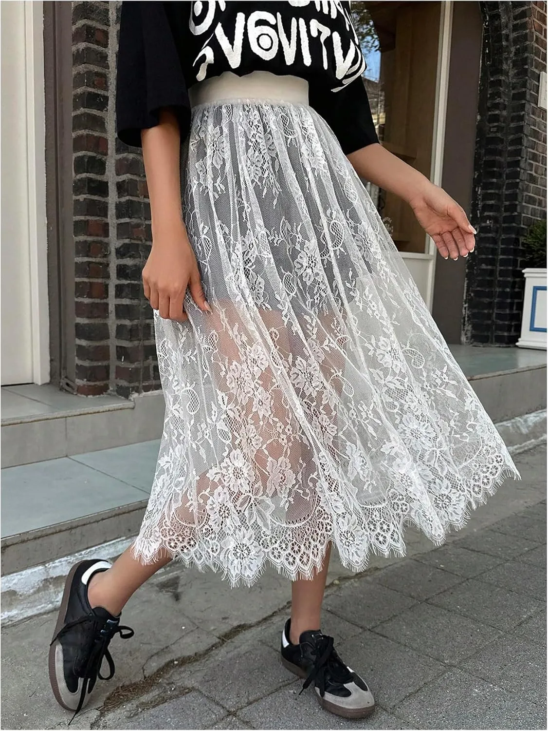 Women's Floral Lace Sheer Skirt High Waisted A Line Midi Skirts Beach Cover-ups Mesh Streetwear Y2K Skirts