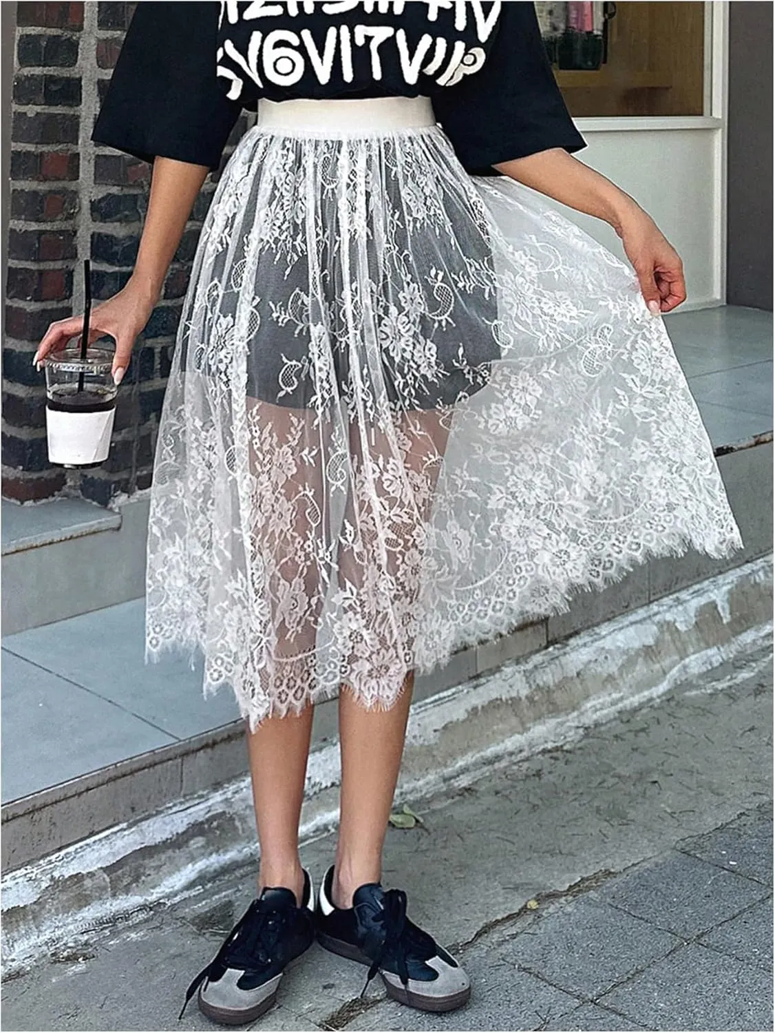 Women's Floral Lace Sheer Skirt High Waisted A Line Midi Skirts Beach Cover-ups Mesh Streetwear Y2K Skirts