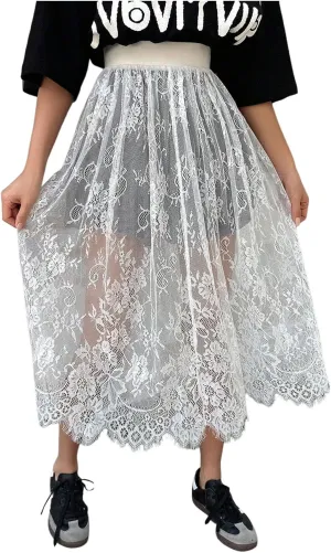 Women's Floral Lace Sheer Skirt High Waisted A Line Midi Skirts Beach Cover-ups Mesh Streetwear Y2K Skirts