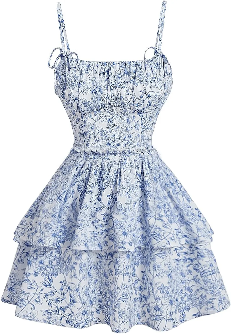 Women's Floral Print Knot Sleeveless Dress Ruched Tiered Layer Ruffle Hem Cami Dresses Boho Summer Mini Dress