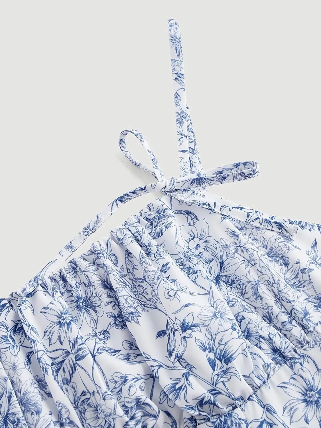 Women's Floral Print Knot Sleeveless Dress Ruched Tiered Layer Ruffle Hem Cami Dresses Boho Summer Mini Dress