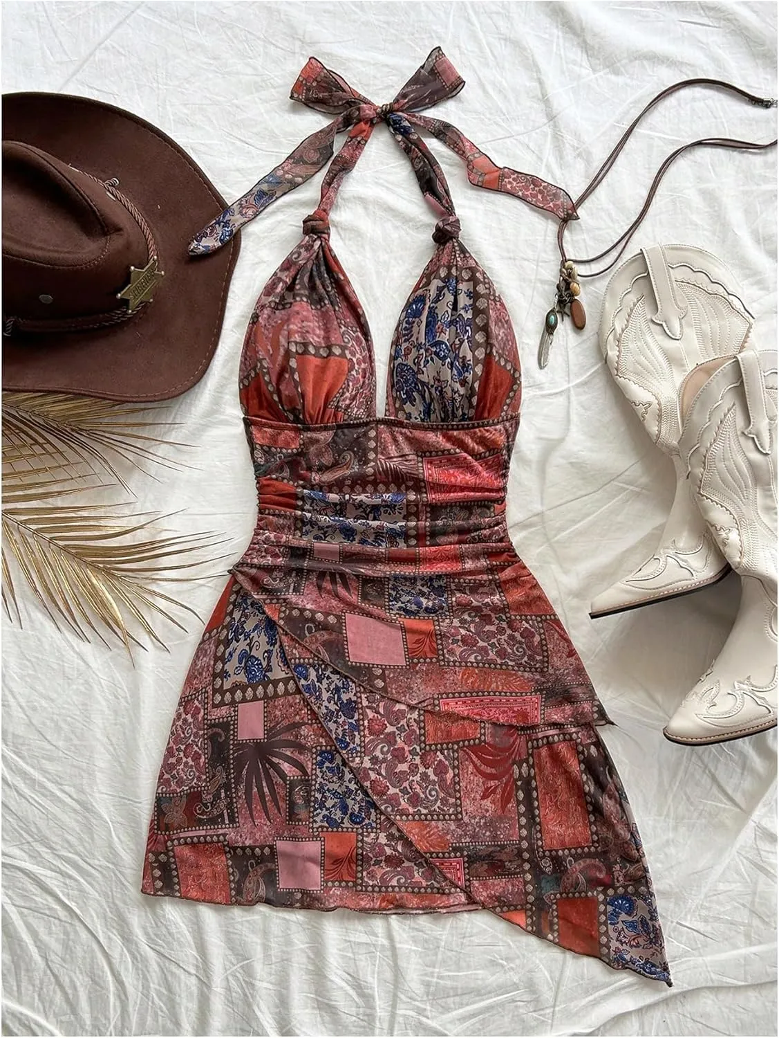 Women's Floral Print Sleeveless Halter Deep V Tie Mini Dress Ruched Backless Slim Fit Cami Dresses Knot Boho Dress