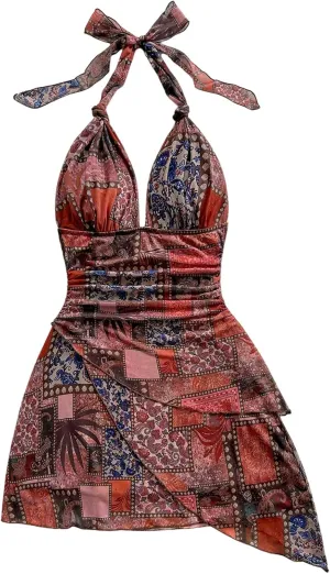 Women's Floral Print Sleeveless Halter Deep V Tie Mini Dress Ruched Backless Slim Fit Cami Dresses Knot Boho Dress