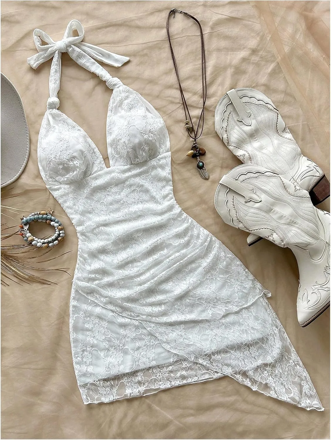 Women's Floral Print Sleeveless Halter Deep V Tie Mini Dress Ruched Backless Slim Fit Cami Dresses Knot Boho Dress