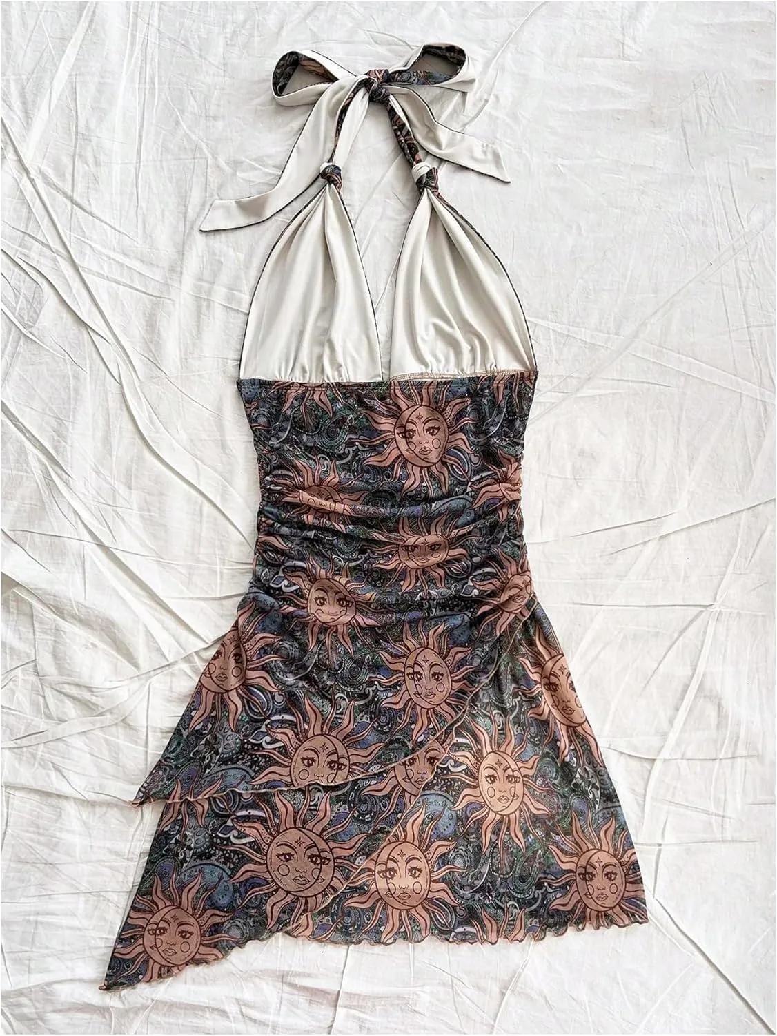 Women's Floral Print Sleeveless Halter Deep V Tie Mini Dress Ruched Backless Slim Fit Cami Dresses Knot Boho Dress
